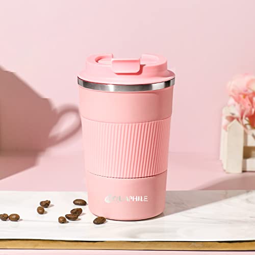 AQUAPHILE Reusable Coffee Cup, Coffee Travel Mug with Leak-proof Lid, Thermal Mug Double Walled Insulated Cup, Stainless Steel Portable Cup with Rubber Grip, for Hot and Cold Drinks(New-Pink, 12 Oz)