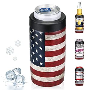 maxso slim can cooler, 4-in-1 double walled stainless steel insulated beer can holder, works with all 12 oz cans,bottles & as a pint cups – america flag