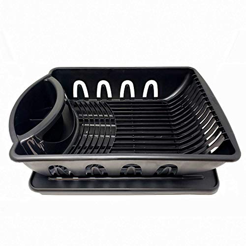 Heavy Duty Large Black Plastic Sink Set with Dish Rack with Drainer & Drainboard, Snap Lock Tab Cup Holders for Home Kitchen Sink Organizer Made in USA