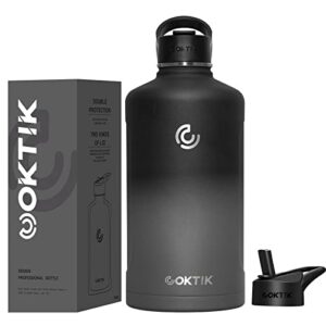 coktik 128 oz/ one gallon water bottle insulated, double walled vacumm metal stainless steel sports water bottle with reusable 2 lids for sports, gym, fitness or office(gray gradient)
