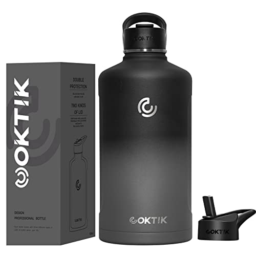 COKTIK 128 oz/ One Gallon Water Bottle Insulated, Double Walled Vacumm Metal Stainless Steel Sports Water Bottle with Reusable 2 Lids for Sports, Gym, Fitness or Office(Gray Gradient)