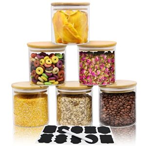 6 piece glass storage jars set with airtight bamboo lids and labels, 20oz/600ml glass spice jars food storage containers for home kitchen,pantry, tea, sugar, salt, coffee, flour, herbs, grains