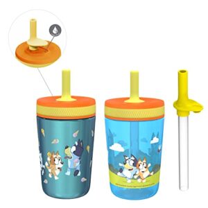 zak designs bluey kelso tumbler set, leak-proof screw-on lid with straw, bundle for kids includes plastic and stainless steel cups with bonus sipper, 3pc set, non-bpa