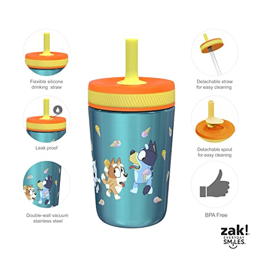 Zak Designs Bluey Kelso Tumbler Set, Leak-Proof Screw-On Lid with Straw, Bundle for Kids Includes Plastic and Stainless Steel Cups with Bonus Sipper, 3pc Set, Non-BPA