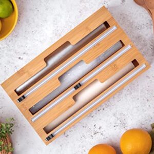 Kind Den 3-in-1 Bamboo Wrap Storage Holder & Dispenser | Plastic Wrap Dispenser With Cutter | Organizer For Cling Film, Aluminum Foil & Wax Paper | Great For Kitchen Drawer Storage And Organization