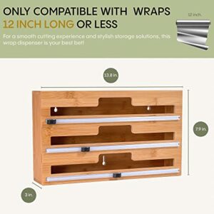 Kind Den 3-in-1 Bamboo Wrap Storage Holder & Dispenser | Plastic Wrap Dispenser With Cutter | Organizer For Cling Film, Aluminum Foil & Wax Paper | Great For Kitchen Drawer Storage And Organization