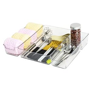 homzing 4pcs clear kitchen drawer organizer set, silverware drawer organizer, non-slip drawer organizer trays dividers for kitchen utensils, bathroom, bedroom, office, makeup storage