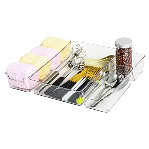 Homzing 4PCS Clear Kitchen Drawer Organizer Set, Silverware Drawer Organizer, Non-Slip Drawer Organizer Trays Dividers for Kitchen Utensils, Bathroom, Bedroom, Office, Makeup Storage