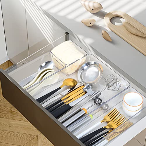 Homzing 4PCS Clear Kitchen Drawer Organizer Set, Silverware Drawer Organizer, Non-Slip Drawer Organizer Trays Dividers for Kitchen Utensils, Bathroom, Bedroom, Office, Makeup Storage