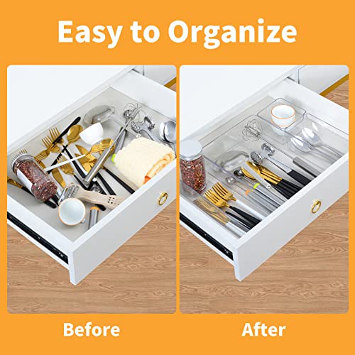 Homzing 4PCS Clear Kitchen Drawer Organizer Set, Silverware Drawer Organizer, Non-Slip Drawer Organizer Trays Dividers for Kitchen Utensils, Bathroom, Bedroom, Office, Makeup Storage