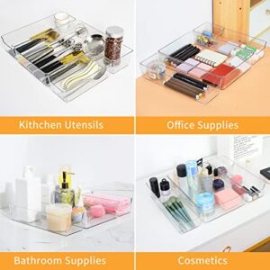 Homzing 4PCS Clear Kitchen Drawer Organizer Set, Silverware Drawer Organizer, Non-Slip Drawer Organizer Trays Dividers for Kitchen Utensils, Bathroom, Bedroom, Office, Makeup Storage