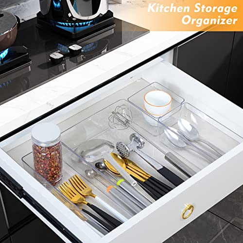 Homzing 4PCS Clear Kitchen Drawer Organizer Set, Silverware Drawer Organizer, Non-Slip Drawer Organizer Trays Dividers for Kitchen Utensils, Bathroom, Bedroom, Office, Makeup Storage