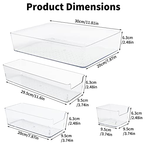 Homzing 4PCS Clear Kitchen Drawer Organizer Set, Silverware Drawer Organizer, Non-Slip Drawer Organizer Trays Dividers for Kitchen Utensils, Bathroom, Bedroom, Office, Makeup Storage