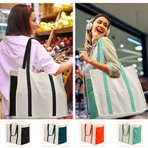 Reusable Cotton Canvas Grocery Tote Bags with Side Pockets, Large Capacity Utility Tote Bag for Shopping, Beach, Picnic (Black+Green)