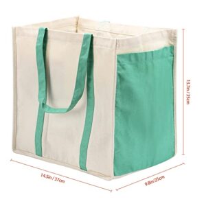 Reusable Cotton Canvas Grocery Tote Bags with Side Pockets, Large Capacity Utility Tote Bag for Shopping, Beach, Picnic (Black+Green)