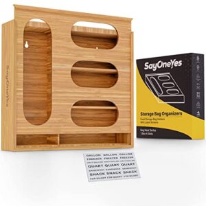 sayoneyes ziplock bag organizer for drawer – premium bamboo plastic bag storage organizer for kitchen – compatible with ziploc, glad, hefty, solimo for gallon, quart, sandwich & variety size bags