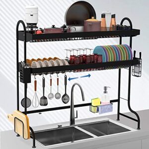 ulg over the sink dish drying rack, 3 tier stainless steel length adjustable (24.4″-37″) kitchen counter organizer, large dish rack drainer for space saver storage shelf with 6 utility hooks