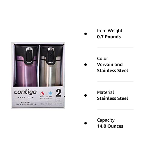 Contigo West Loop Spill-Proof Travel Mug, 14 Oz, 2 pk. Vervain and Stainless Steel.