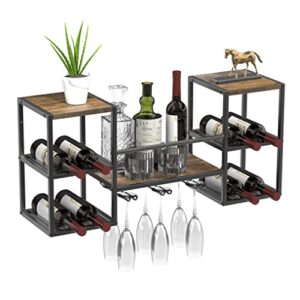 moomlife wine rack wall mounted with 3 stem glass holders, holds 12 bottles wine, liquor bottle display shelf, elegant storage for kitchen, dining room
