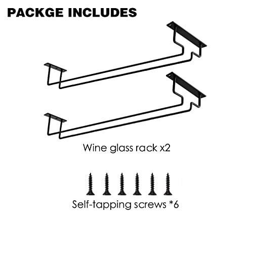 MATILODI 2 Pack 15.8-Inch Long Single Rail Metal Wine Glass Rack - Under Cabinet Stemware Wine Glass Storage Holder with Screws - Wire Wine Glass Hanger for RV Cabinet Kitchen Bar (Black, 2)