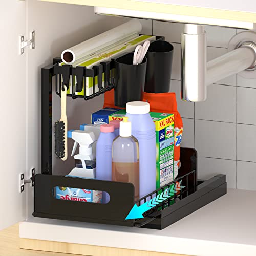 Metal Under Sink Kitchen Organizer with Cups and Hooks, 2 Tier L Shaped Rack Pull Out Under Sink Storage with Sliding Drawer, Multifunction Cabinet Organizer for Kitchen Bathroom Office Living Room