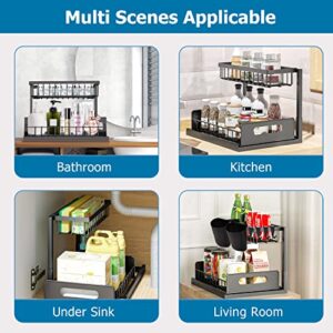 Metal Under Sink Kitchen Organizer with Cups and Hooks, 2 Tier L Shaped Rack Pull Out Under Sink Storage with Sliding Drawer, Multifunction Cabinet Organizer for Kitchen Bathroom Office Living Room