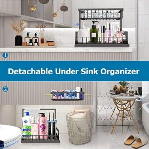 Metal Under Sink Kitchen Organizer with Cups and Hooks, 2 Tier L Shaped Rack Pull Out Under Sink Storage with Sliding Drawer, Multifunction Cabinet Organizer for Kitchen Bathroom Office Living Room