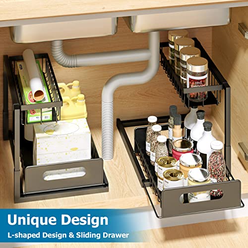 Metal Under Sink Kitchen Organizer with Cups and Hooks, 2 Tier L Shaped Rack Pull Out Under Sink Storage with Sliding Drawer, Multifunction Cabinet Organizer for Kitchen Bathroom Office Living Room