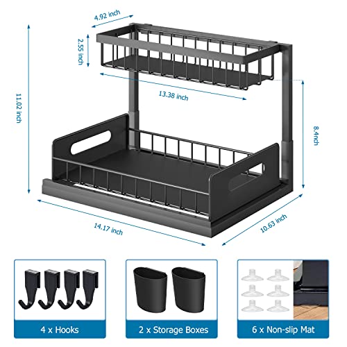 Metal Under Sink Kitchen Organizer with Cups and Hooks, 2 Tier L Shaped Rack Pull Out Under Sink Storage with Sliding Drawer, Multifunction Cabinet Organizer for Kitchen Bathroom Office Living Room