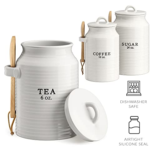 Barnyard Designs Canister Sets for Kitchen Counter, Ceramic Canister Set, Decorative Kitchen Canisters, Coffee Tea Sugar Container Set, Rustic Farmhouse Canisters Ceramic Jar, White, Set of 3