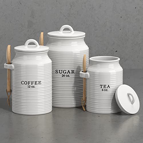 Barnyard Designs Canister Sets for Kitchen Counter, Ceramic Canister Set, Decorative Kitchen Canisters, Coffee Tea Sugar Container Set, Rustic Farmhouse Canisters Ceramic Jar, White, Set of 3