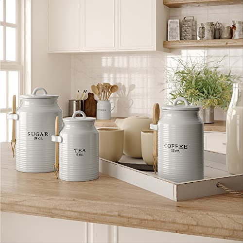 Barnyard Designs Canister Sets for Kitchen Counter, Ceramic Canister Set, Decorative Kitchen Canisters, Coffee Tea Sugar Container Set, Rustic Farmhouse Canisters Ceramic Jar, White, Set of 3