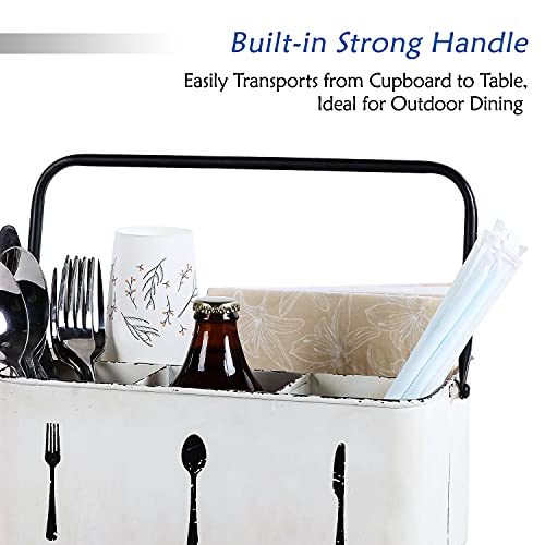 NIKKY HOME Utensil Caddy, Farmhouse Rustic Metal Cutlery Silverware Caddy with 4 Compartments, Flatware Holder Organizer for Kitchen Countertop, Picnics, Party, Camping, Outdoor - Distressed White