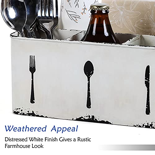 NIKKY HOME Utensil Caddy, Farmhouse Rustic Metal Cutlery Silverware Caddy with 4 Compartments, Flatware Holder Organizer for Kitchen Countertop, Picnics, Party, Camping, Outdoor - Distressed White