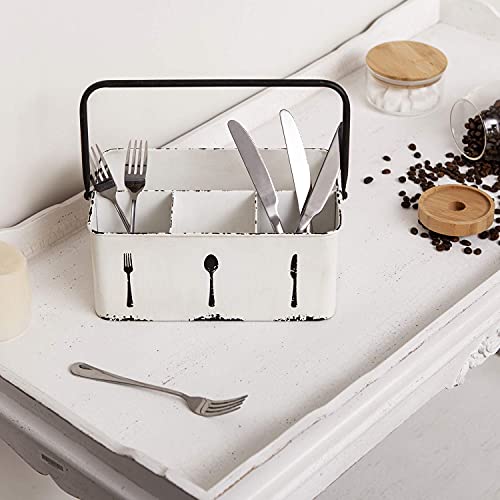 NIKKY HOME Utensil Caddy, Farmhouse Rustic Metal Cutlery Silverware Caddy with 4 Compartments, Flatware Holder Organizer for Kitchen Countertop, Picnics, Party, Camping, Outdoor - Distressed White
