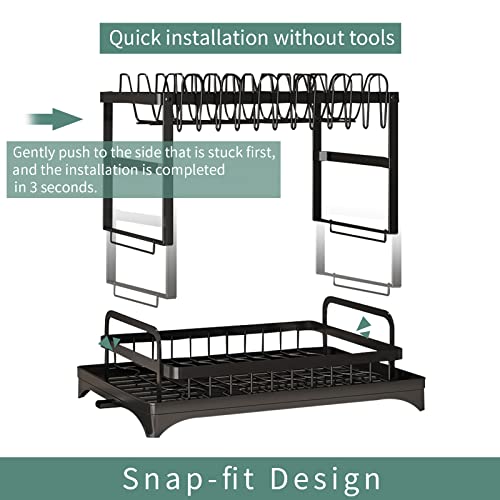 Dish Drying Rack, Dish Rack, Dish Strainers for Kitchen Counter, Dish Drainer, Dish Drying Rack with Drainboard, Large Dish Drying Rack, Dish Rack and Drainboard Set, with Utensil Holder (A, Black)