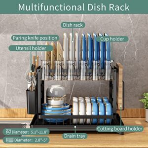 Dish Drying Rack, Dish Rack, Dish Strainers for Kitchen Counter, Dish Drainer, Dish Drying Rack with Drainboard, Large Dish Drying Rack, Dish Rack and Drainboard Set, with Utensil Holder (A, Black)