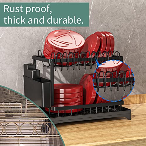 Dish Drying Rack, Dish Rack, Dish Strainers for Kitchen Counter, Dish Drainer, Dish Drying Rack with Drainboard, Large Dish Drying Rack, Dish Rack and Drainboard Set, with Utensil Holder (A, Black)