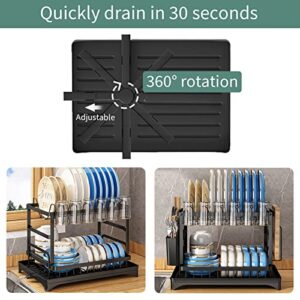 Dish Drying Rack, Dish Rack, Dish Strainers for Kitchen Counter, Dish Drainer, Dish Drying Rack with Drainboard, Large Dish Drying Rack, Dish Rack and Drainboard Set, with Utensil Holder (A, Black)