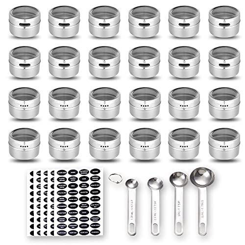 24 Magnetic Spice Tins, 200 Spice Labels, 4 Stainless Steel Measuring Spoons by Hanindy. Magnetic Spice Containers Organizer Storage Condiment Jar Set of 24, Clear Lid, Sift and Pour