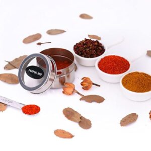 24 Magnetic Spice Tins, 200 Spice Labels, 4 Stainless Steel Measuring Spoons by Hanindy. Magnetic Spice Containers Organizer Storage Condiment Jar Set of 24, Clear Lid, Sift and Pour