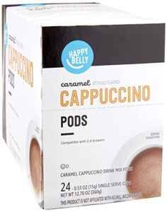 amazon brand – happy belly cappuccino coffee pods compatible with 2.0 k-cup brewers, caramel flavored, 24 count