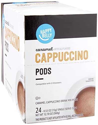 Amazon Brand - Happy Belly Cappuccino Coffee Pods Compatible with 2.0 K-Cup Brewers, Caramel Flavored, 24 Count