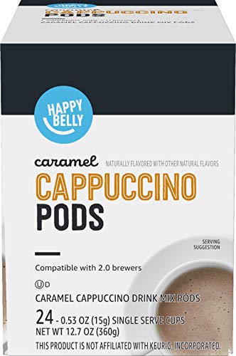 Amazon Brand - Happy Belly Cappuccino Coffee Pods Compatible with 2.0 K-Cup Brewers, Caramel Flavored, 24 Count