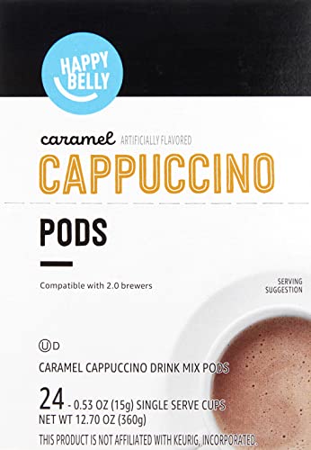 Amazon Brand - Happy Belly Cappuccino Coffee Pods Compatible with 2.0 K-Cup Brewers, Caramel Flavored, 24 Count