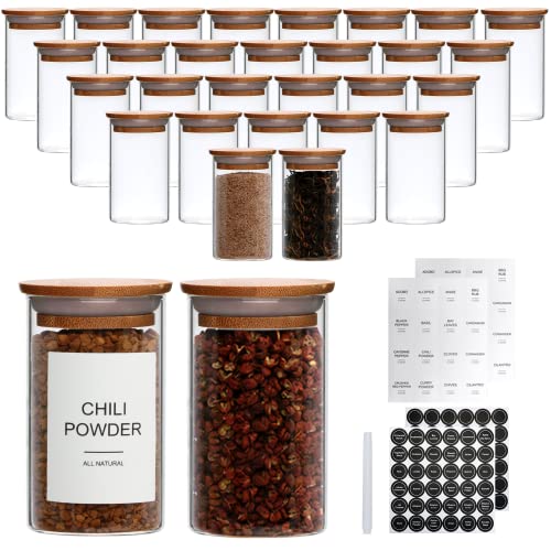 Encheng Glass Spice Jars with Bamboo Lids,3 OZ Glass Seasoning Container with Labels,Clear 30 Pack Small Glass Jars for Kitchen,Spice,Herb,Sugar