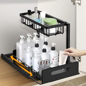 2-tier under sink organizer, metal tiered sliding shelves for kitchen, laundry room, and bathroom, holds up to 50 lbs with 4 anti-slip rubber pads, black