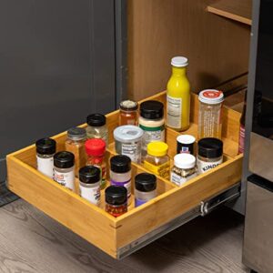 pull out cabinet drawer organizer, sliding bamboo wood storage rack organization, gliding cupboard shelf for kitchen, pantry, slide out spice rack container lid organizer with dividers, 14”w x 21”d