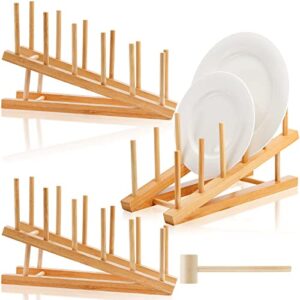 yesland 3 packs wooden dish rack, bamboo plate bottle drying rack with wooden mallet plate rack for water bottles, cups, pan lids, dinner plates – brown