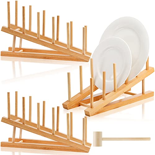 Yesland 3 Packs Wooden Dish Rack, Bamboo Plate Bottle Drying Rack with Wooden Mallet Plate Rack for Water Bottles, Cups, Pan Lids, Dinner Plates - Brown